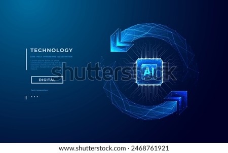 AI chip and two recycle digital arrows. Abstract digital AI processor in low poly wireframe with neon blue lights effects. Technology background. Artificial Intelligence concept. Vector illustration.