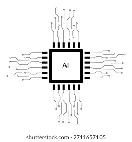 Icono de Vector de chip AI. Procesador de placa de circuito con líneas de red neuronal. Gráfico conceptual de Tecnología, computación y aprendizaje automático para hardware, sistemas futuristas y diseños de microchips