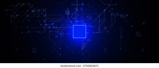 AI Chipset Artificial Intelligence Logo Background. Glow CPU Microchip Dark Tech Futuristic Circuit Pattern BG Design. Chip Board Backdrop Digital Cloud Future Data Technology. Vector illustration