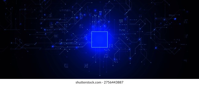 AI Chipset Artificial Intelligence Logo Background. Glow CPU Microchip Dark Tech Futuristic Circuit Pattern BG Design. Chip Board Backdrop Digital Cloud Future Data Technology. Vector illustration