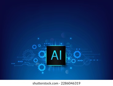 AI chipset with circuit arrow and gear. Chat with ai. Artificial intelligence processing technology. Blue background futuristic. Future cooperation. AI thinking. Machine learning modern design 