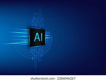 Chipset AI con luz de circuito y flecha. Chat con ai. Tecnología de procesamiento de inteligencia artificial. Fondo azul futurista. Cooperación futura. Pensamiento de IA. Diseño moderno de aprendizaje automático 