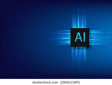 AI-Chipsatz mit Schaltkreis. Chat mit ai. Technologie zur Verarbeitung künstlicher Intelligenz. Blauer Hintergrund futuristisch. Künftige Zusammenarbeit. AI denkt. Modernes Maschinenlernen 
