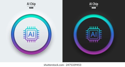 AI Chipset icon. A set of black and white buttons with AI Chipset symbols. Artificial intelligence, Machine learning technology concept. Neumorphism style, UI UX design, Vector illustration.