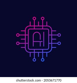 AI chipset logo, artificial intelligence technology line vector icon