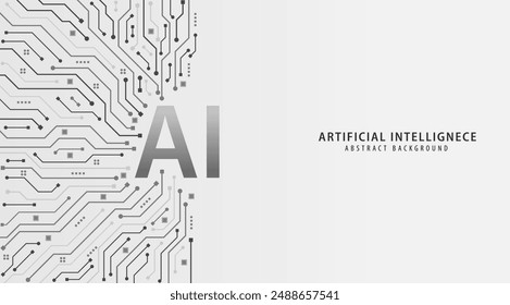 AI chipset on circuit board. Artificial intelligence abstract black and white background. Machine learning and technology concept design. Vector illustration for banner and web template.