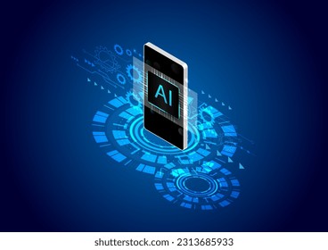 AI chipset on smartphone with circuit arrow and gear. Chat with ai. Artificial intelligence processing technology. Blue background futuristic. AI thinking. Machine learning modern design