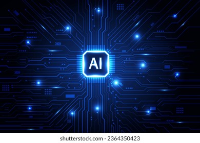 AI chipset processor circuit board digital transformation blue abstract technology background.