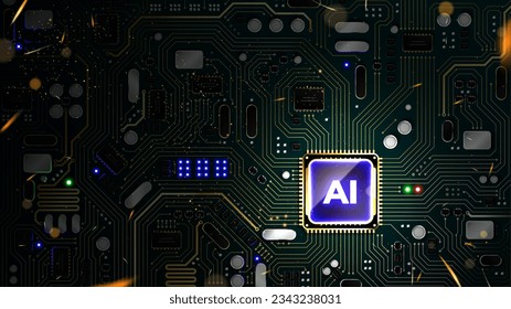 AI chipset processor with golden circuits and electronic components on the PCB board. Futuristic artificial intelligence CPU with motherboard. Digital technology illustration concepts