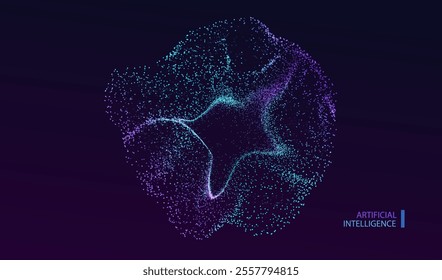 Ai circle particles dots technology banner. Big data neon network  background. Artificial Intelligence futuristic glitter connect design.