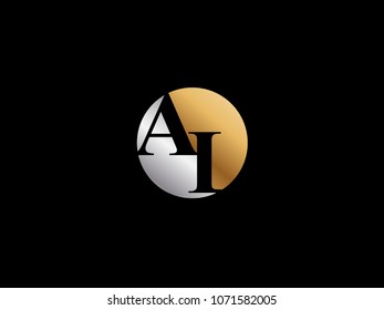 AI circle Shape Letter logo Design in silver gold color