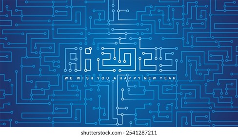 Ai Circuit Board 2025. Happy New Year 2025 eve. Technology GPU, Graphics Processing Unit. Futuristic hi-tech Circuit Number Digital Concept. GPU Ai Illustration on blue background