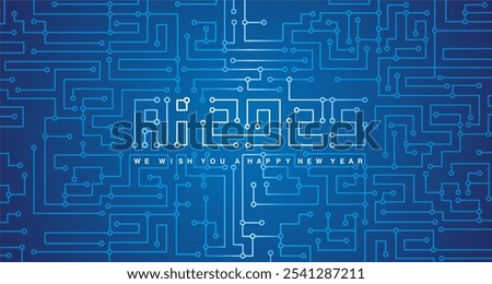 Ai Circuit Board 2025. Happy New Year 2025 eve. Technology GPU, Graphics Processing Unit. Futuristic hi-tech Circuit Number Digital Concept. GPU Ai Illustration on blue background