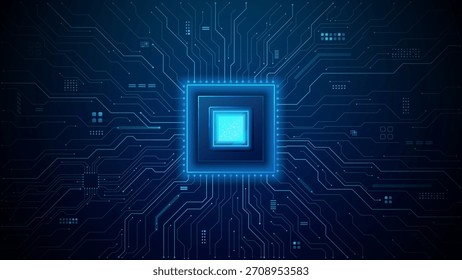 Plano de fundo da placa de circuito de IA com caminhos de dados brilhantes e tecnologia de chip de semicondutor criando padrões de rede digital futurista em luz elétrica azul. Ilustração do vetor técnico. Fundo azul