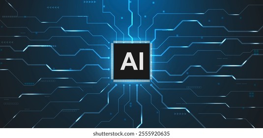 AI circuit board with blue background. Quantum computing technology using Artificial Intelligence