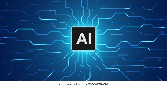 AI circuit board with blue background. Quantum computing technology using Artificial Intelligence