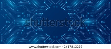 AI circuit board with glowing electronics elements on blue backdrop. UI and GUI design. Futuristic high tech panel of connected lines. Scientific and Technological background. Vector illustration