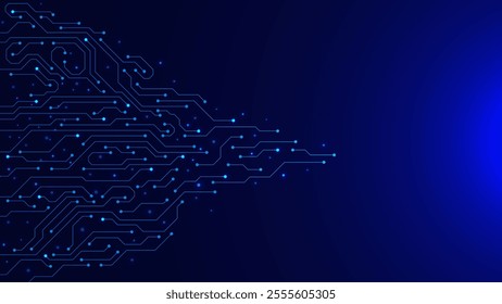 AI circuit board with glowing particles on dark blue background. Connected blue ines with electronic bard. Motherboard and digital technology concep backdrop. Vector illustration