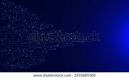AI circuit board with glowing particles on dark blue background. Connected blue ines with electronic bard. Motherboard and digital technology concep backdrop. Vector illustration