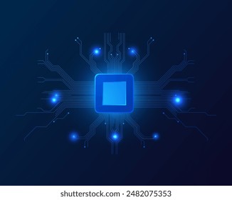 AI circuit board vector illustration. Artificial intelligence chip core. Central computer processors CPU. Big data, cloud computing, machine learning, information mining. Digital technology