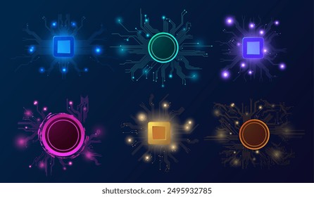 Placas de circuitos AI de diferentes colores y Ilustraciones vectoriales de Formas. Inteligencia artificial núcleo de microchip. CPU de procesadores de ordenador central. Big data, información de la máquina. Tecnología digital