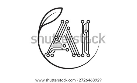 AI Circuit Letter with Leaf, Tech Innovation, Line Art, Logo