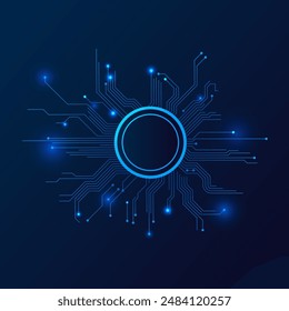 AI circuit round shape vector illustration. Artificial intelligence chip core. Central computer processors CPU. Big data, cloud computing, machine learning, information mining. Digital technology