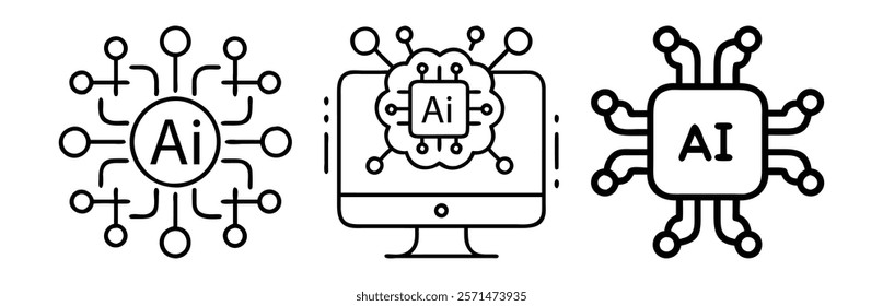 AI and circuit technology icons, Terminals collection of three black outline icons depicting AI chips, circuits, and a computer, representing artificial intelligence and technology concepts. 
