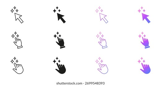 AI Clique Cursor e Mão com Sparkle Icons Line e Solid Icon Set. Ponteiro Interativo de Inteligência Artificial e Coleção de Símbolos de Gesto. Ilustração de vetor isolada.