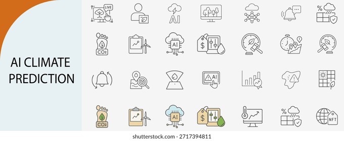 Conjunto de iconos de línea de predicción climática y análisis ambiental de IA, seguimiento inteligente de carbono y símbolos de pronóstico de desastres, Ilustración vectorial plana