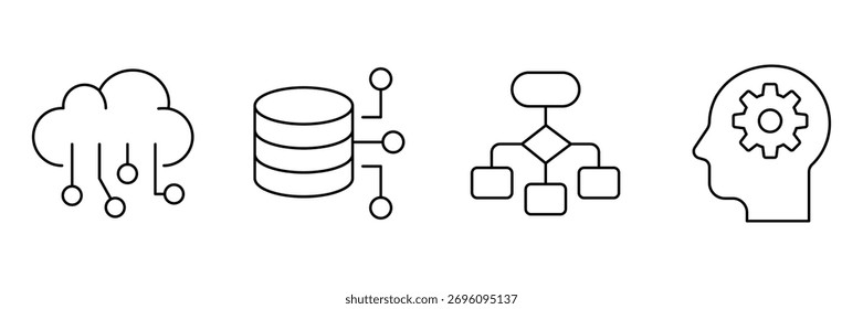 Ai cloud, big data storage, flow chart, mind gear automation icon set, technology logic vector illustration, minimal outline processing symbol.