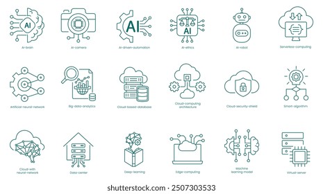 Umfassende Vektorsymbol-Sets für KI und Cloud-Computing:  Gehirn, KI-Kamera, Driven Automation, KI-Ethik, KI-Roboter, Serverless Computing, Künstliches neuronales Netzwerk, Big Data Analytics, Vektorsymbol-Set