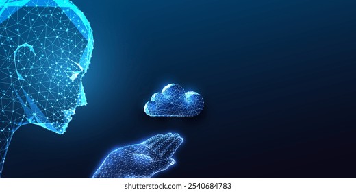 AI in cloud computing concept with robotic head holding cloud symbol on dark blue background. Innovation, data integration, scalable technology solutions. Low polygonal abstract vector illustration