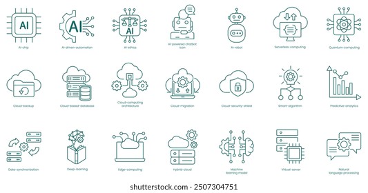 AI and Cloud Computing Essentials Vector Icons Set: Brain, AI Chip, AI Ethics, AI Robot, Quantum Computing, Artificial Neural Network, Computing Architecture, Security Shield vector icon set