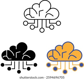 AI Cloud Computing Icon set Cloud with Digital Connections for Data Storage, Cloud Technology, and Artificial Intelligence with Transparent Background.

