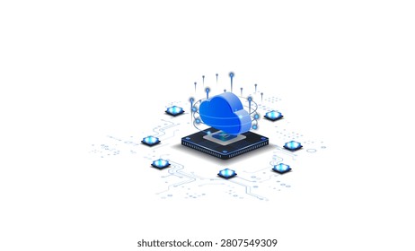 Ai cloud computing isometric vector illustration. Cloud computing technology concept with ai system.