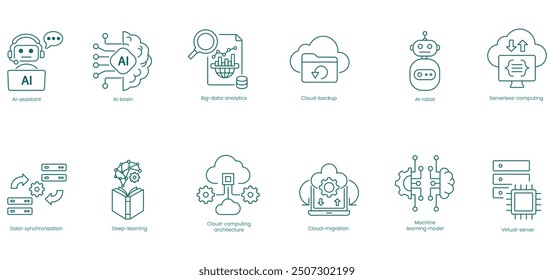 Conjunto de iconos vectoriales de soluciones de IA y computación en la nube: Asistente, Cerebro, Análisis de Big Data, Copia de seguridad en la nube, Robot de IA, Computación sin servidor, Sincronización de datos, Conjunto de iconos de Vectores de aprendizaje profundo