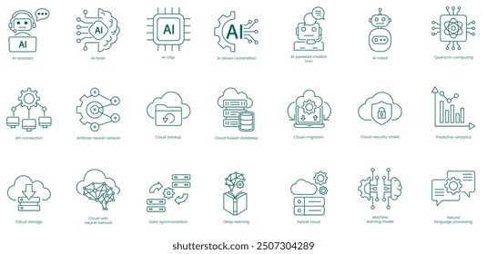 AI and Cloud Computing Solutions Vector Icons Set: Assistant, AI Brain, AI Chip, Driven Automation, Power Chatbot, AI Robot, Content Computing, API Connection, Artificial Neural Network vector icon