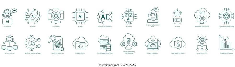 AI and Cloud Computing Vector Icons Set: AI Assistant, Brain, Camera, Chip, AI Driven Automation, AI Ethics, Chatbot, Robot, Serverless Computing, Quantum Computing vector icons