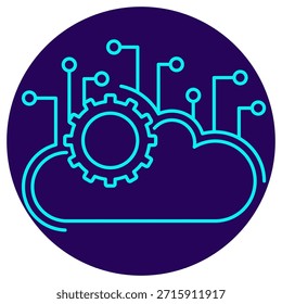 Symbol der KI-Cloud-Plattform Minimalistische Neonkontur auf dunkelblauem, rundem Hintergrund. Eine stilvolle Vektorgrafik einer intelligenten Cloud (mit KI-Schaltkreisen) und eines Verarbeitungsgeräts, die eine zentralisierte KI-Entwicklungsplattform, eine Cloud-Computing-Infrastruktur und Remote-Verarbeitungsdienste symbolisiert