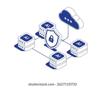 Sistema de tecnologia de servidor em nuvem AI com escudo de dados seguro e ícone de armazenamento conectado por fluxos de dados em linha isométrica ilustração vetorial de contorno.