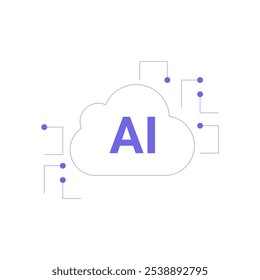AI Cloud Symbol with Tech Connections in Flat Vector Illustration Symbolizing Artificial Intelligence and Data Networks, Isolated on White Background.