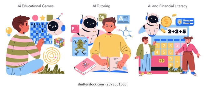 AI Co Parent concept. This illustration represents various AI-driven educational tools like games, tutoring, and financial literacy. It highlights modern learning avenues for children through engaging