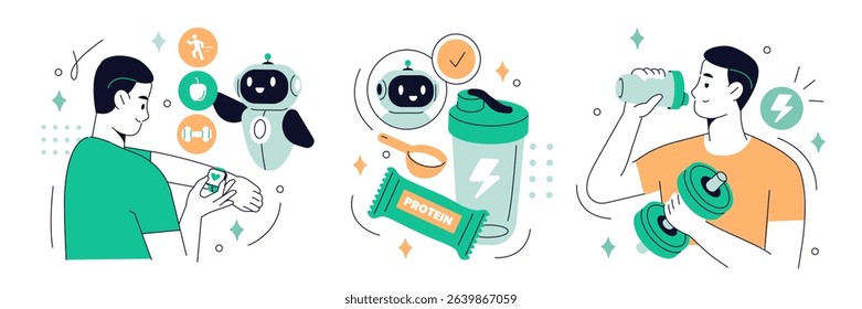 AI coach in fitness. Robot personal trainer. Character use artificial intelligence technology tools to create gym training, cardio workout, protein diet. Vector illustration.