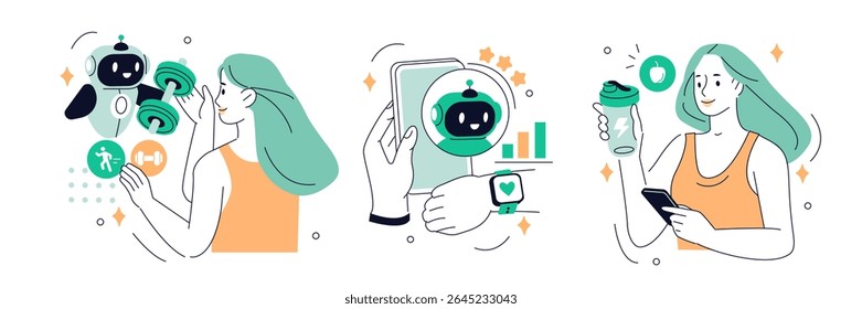 AI coach in fitness. Robot personal trainer. Woman character use artificial intelligence technology tools to create gym training, cardio workout, protein diet. Vector illustration.