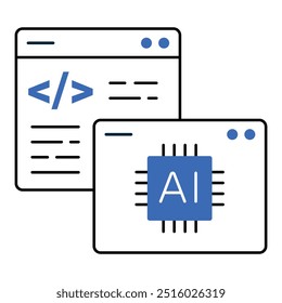 AI Code Development Monoline Icon Design (em inglês). Representa IA para Codificação, Desenvolvimento de Software de IA, Código Ativado por AI, Codificação de Aprendizado de Máquina. Ícone de vetor com traçados e cores editáveis.