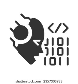 AI codes black linear glyph icon. Programmers help. Machine learning algorithm. Software technique. Generation tool. Negative space silhouette symbol. Solid pictogram. Vector isolated illustration