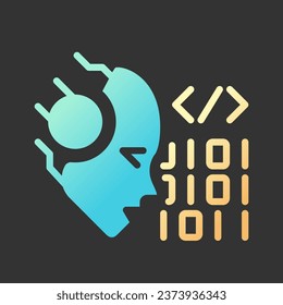 AI codes gradient glyph icon with lineart for dark theme. Programmers help. Machine learning algorithm. Software technique. Isolated color vector illustration for night mode. Solid linear pictogram
