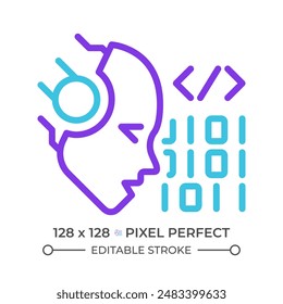 AI codes two color line icon. Programmers help. Machine learning algorithm. Software technique. Generation tool bicolor outline symbol. Duotone linear pictogram. Isolated illustration. Editable stroke