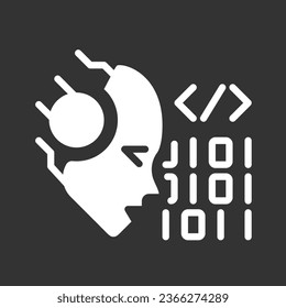 AI codes white linear glyph icon for night mode. Programmers help. Software technique. Negative space silhouette symbol on dark theme background. Solid pictogram. Vector isolated illustration